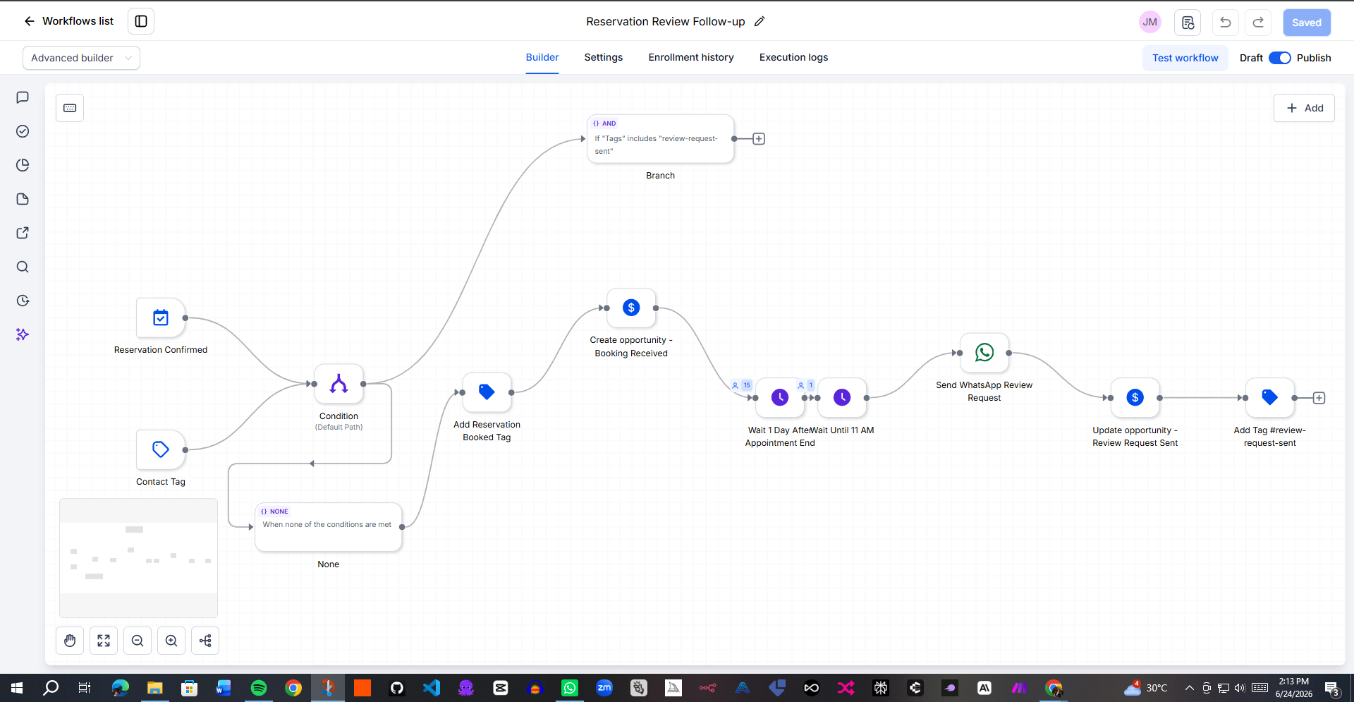 Reservation Review Follow-up GHL workflow