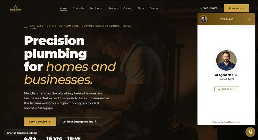 AI voice widget open on the Meridian Plumbing homepage