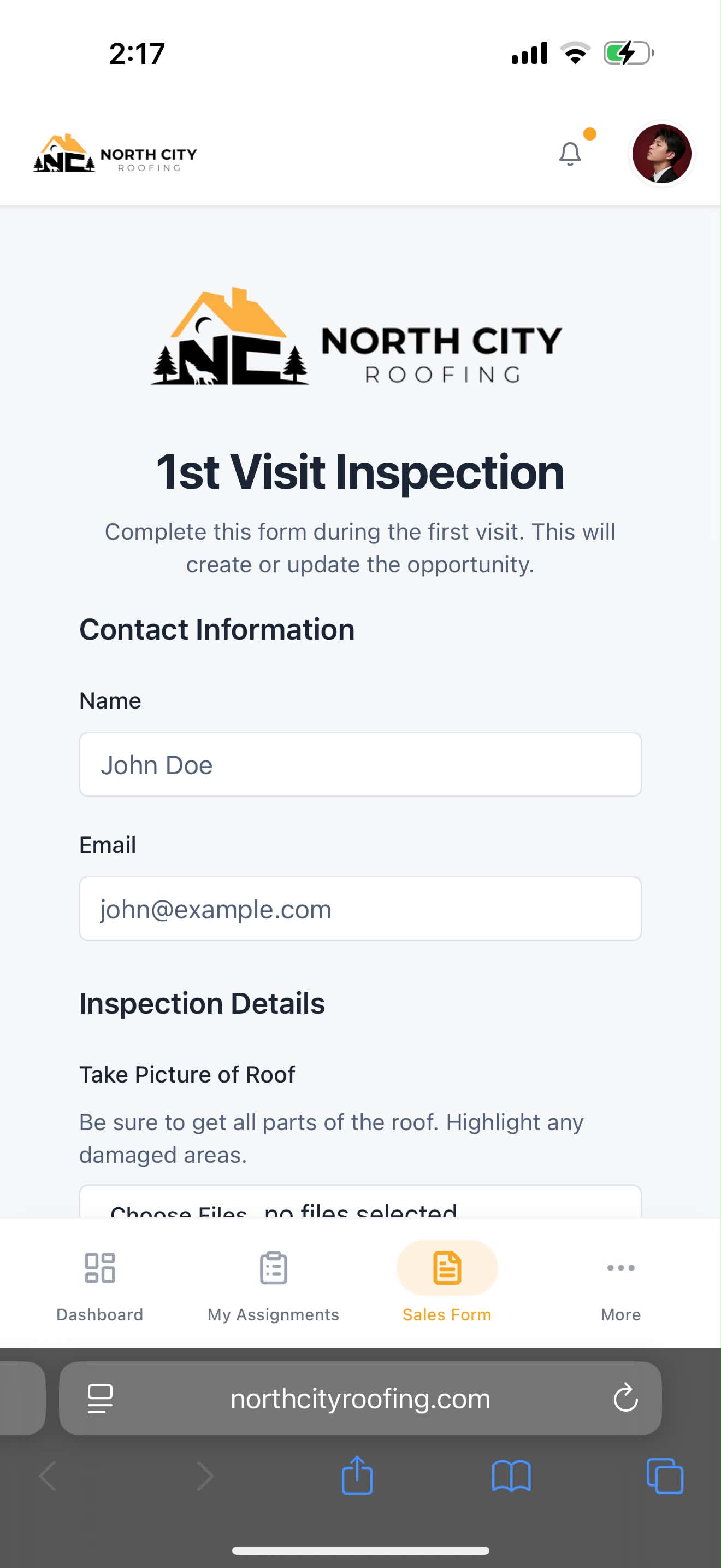 North City Roofing dashboard — customer database