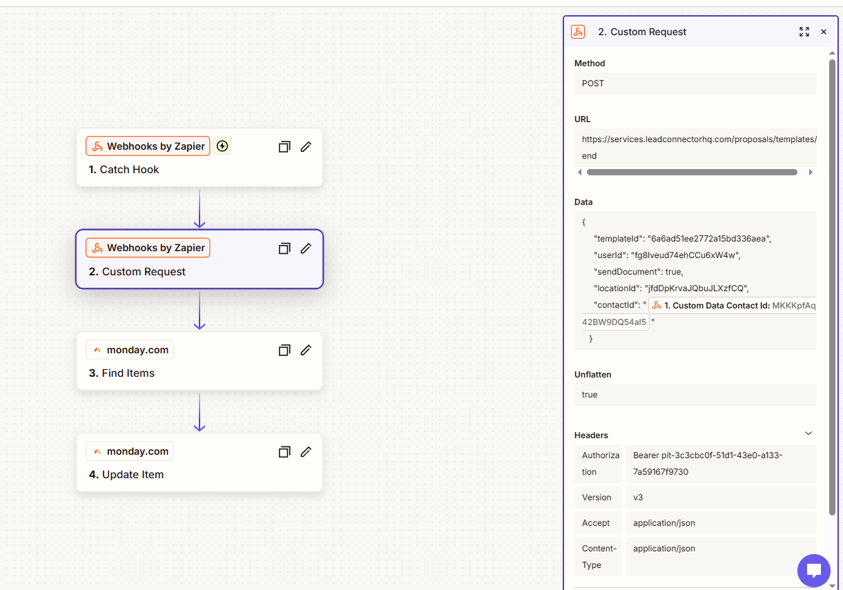 Zapier workflow sending a GHL proposal and syncing monday.com